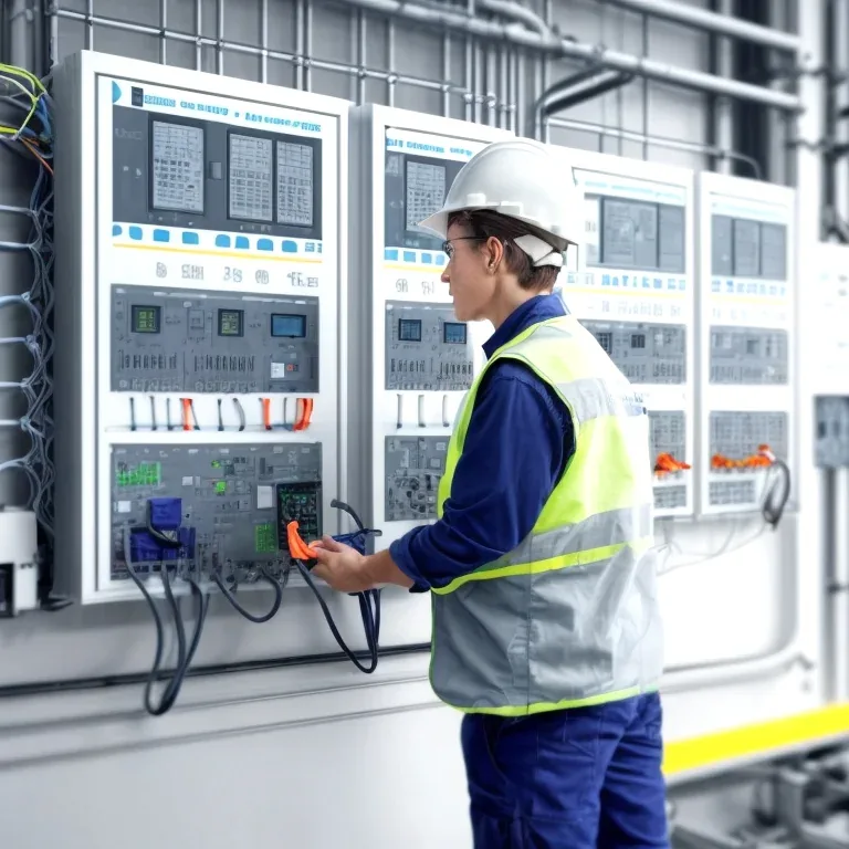 Técnico instalando panel eléctrico en edificio comercial